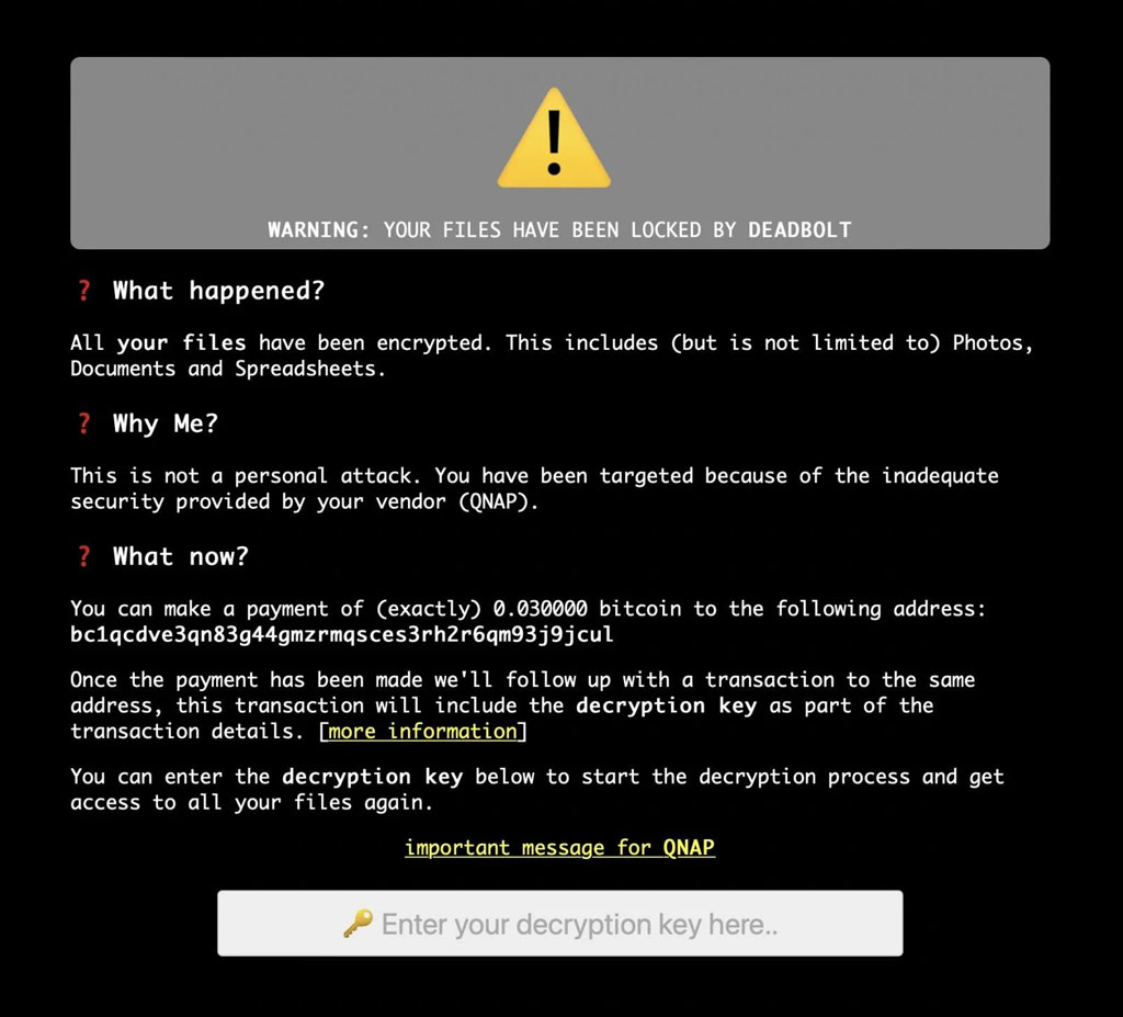 Ransom note on the hijacked QNAP login page